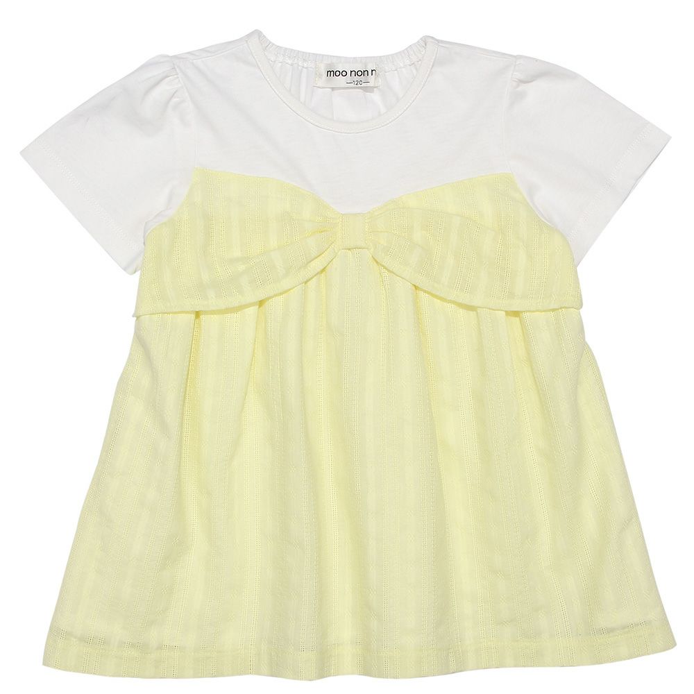 子供服 女の子 リボンつき ドビー織り ストライプ模様 重ね着風 Tシャツ イエロー(04) 正面