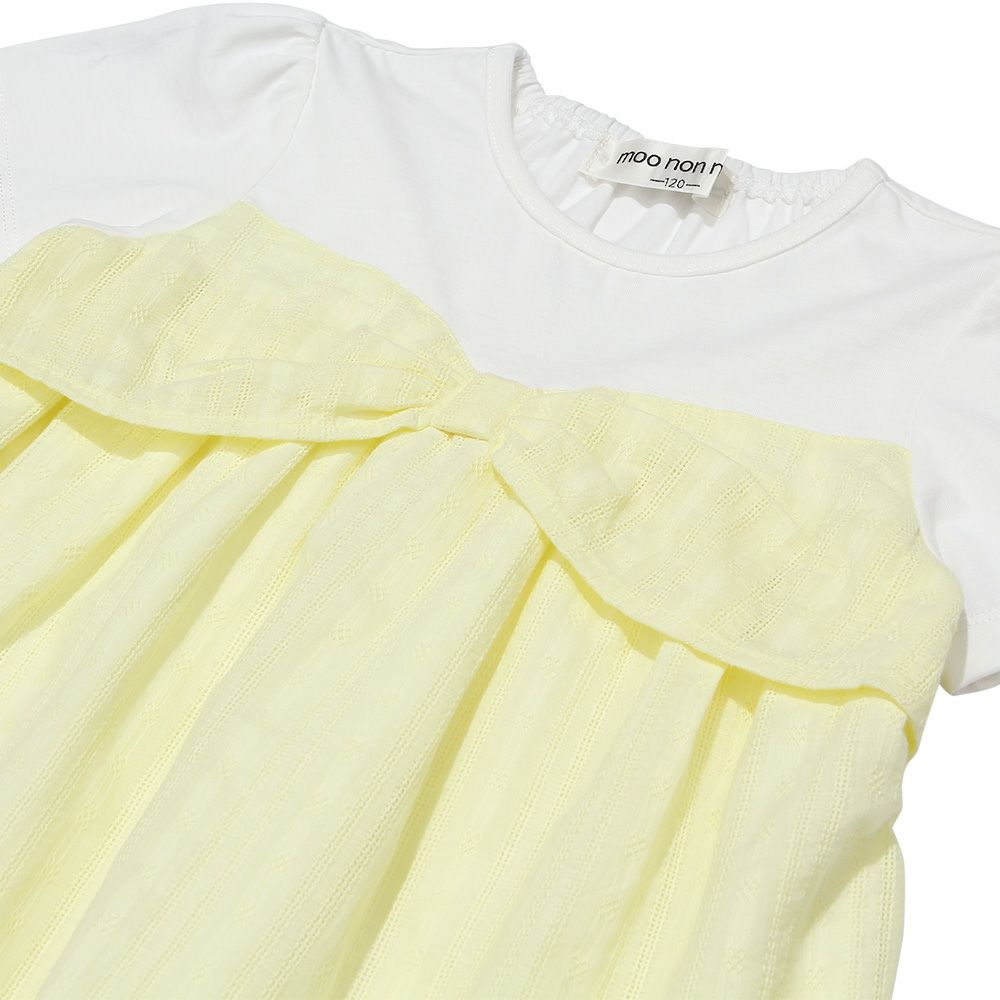 子供服 女の子 リボンつき ドビー織り ストライプ模様 重ね着風 Tシャツ イエロー(04) デザインポイント1