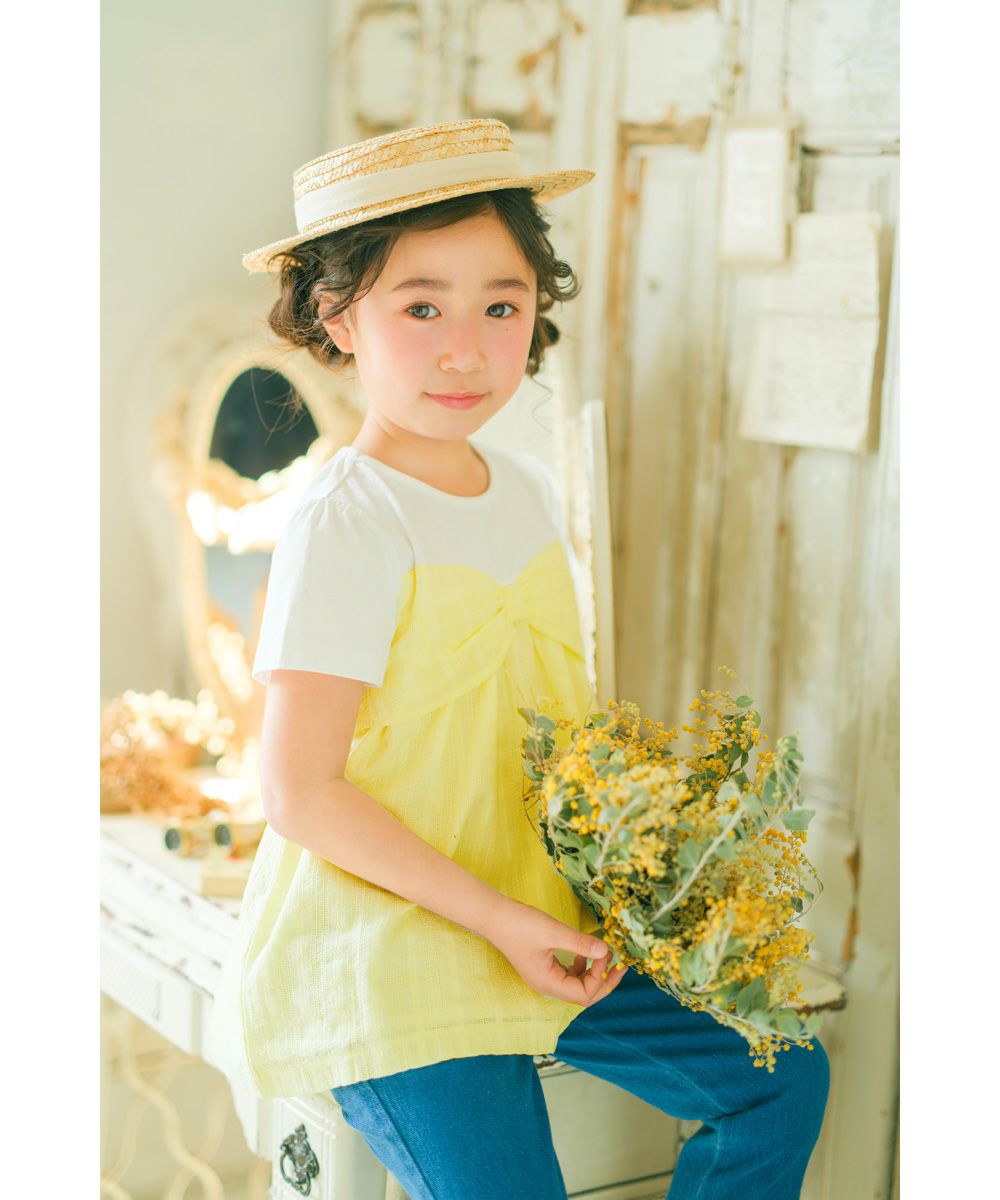 子供服 女の子 リボンつき ドビー織り ストライプ模様 重ね着風 Tシャツ イエロー(04) モデル画像