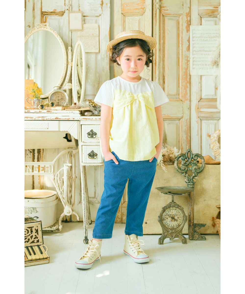 子供服 女の子 リボンつき ドビー織り ストライプ模様 重ね着風 Tシャツ イエロー(04) モデル画像