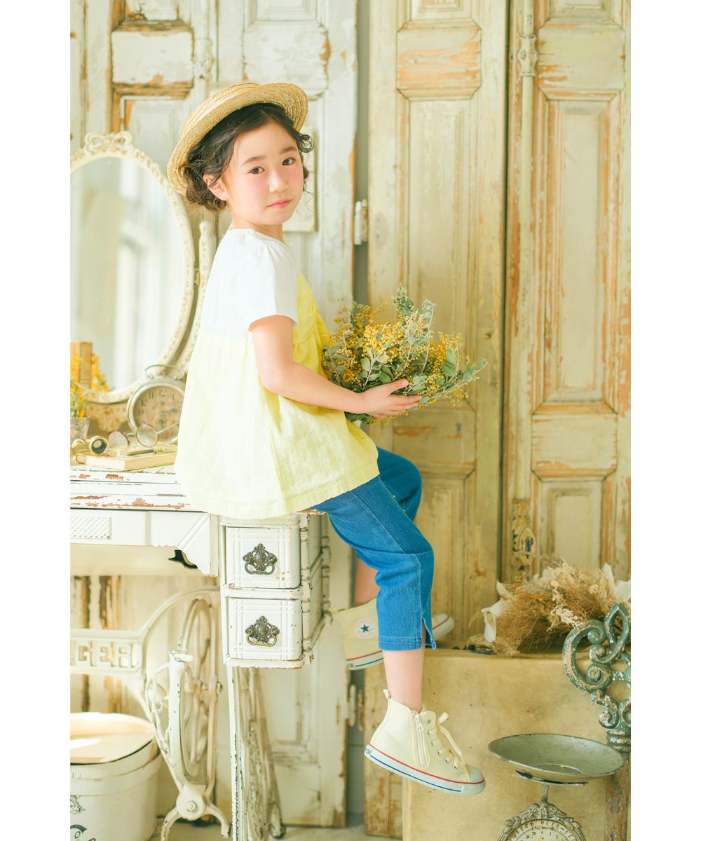 子供服 女の子 リボンつき ドビー織り ストライプ模様 重ね着風 Tシャツ イエロー(04) モデル画像