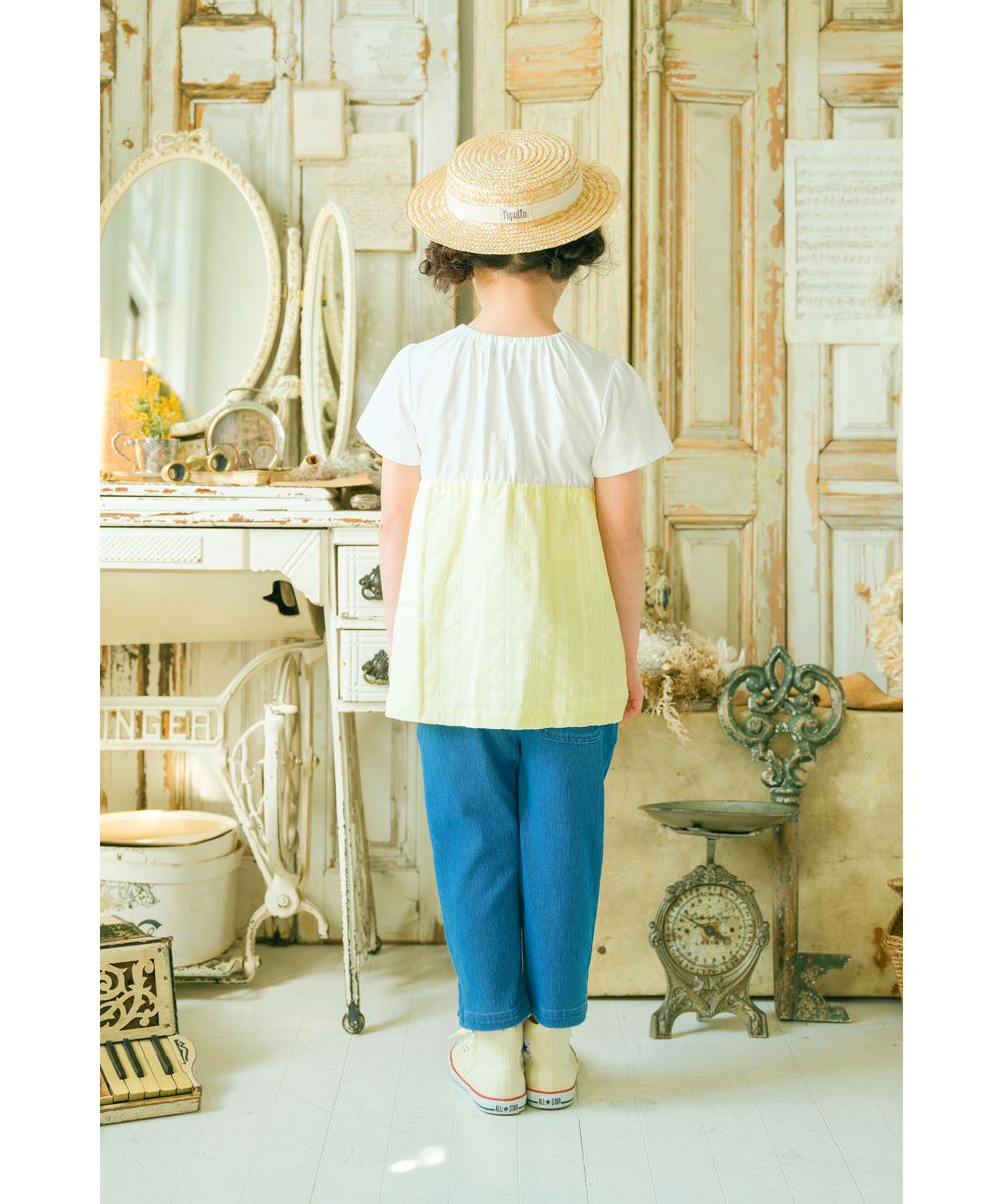 子供服 女の子 リボンつき ドビー織り ストライプ模様 重ね着風 Tシャツ イエロー(04) モデル画像