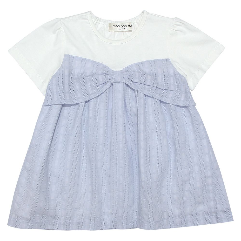 子供服 女の子 リボンつき ドビー織り ストライプ模様 重ね着風 Tシャツ ブルー(61) 正面