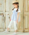 子供服 女の子 リボンつき ドビー織り ストライプ模様 重ね着風 Tシャツ ブルー(61) モデル画像全身