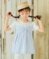 子供服 女の子 リボンつき ドビー織り ストライプ模様 重ね着風 Tシャツ ブルー(61) モデル画像1