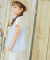 子供服 女の子 リボンつき ドビー織り ストライプ模様 重ね着風 Tシャツ ブルー(61) モデル画像2