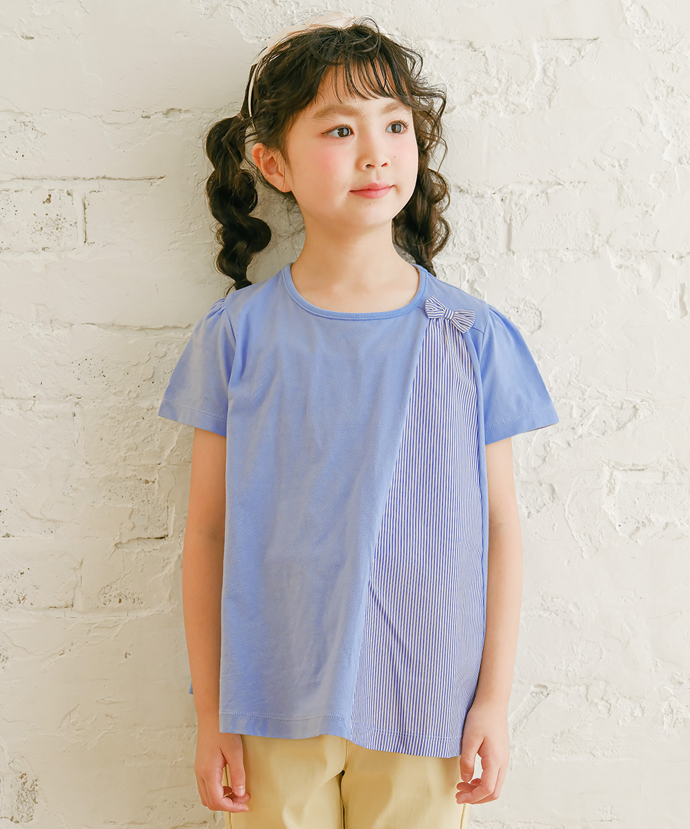 子供服 女の子 リボンつき ストライプ柄 切り替え Aライン Tシャツ ブルー(61) モデル画像