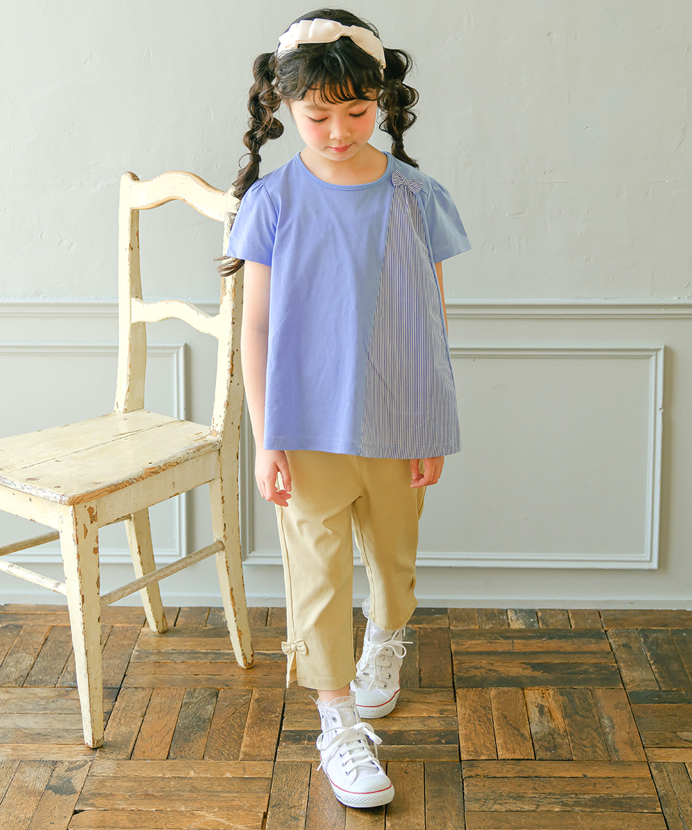 子供服 女の子 リボンつき ストライプ柄 切り替え Aライン Tシャツ ブルー(61) モデル画像