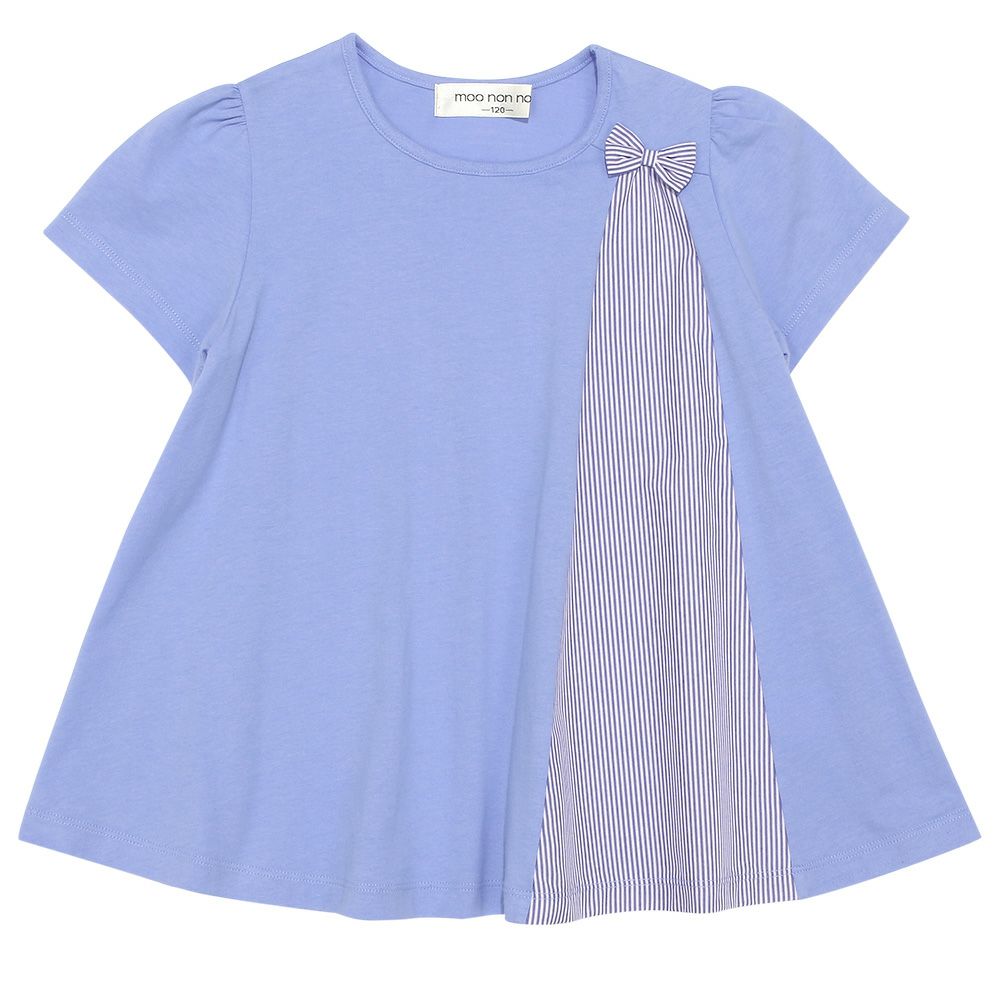 子供服 女の子 リボンつき ストライプ柄 切り替え Aライン Tシャツ ブルー(61) 正面