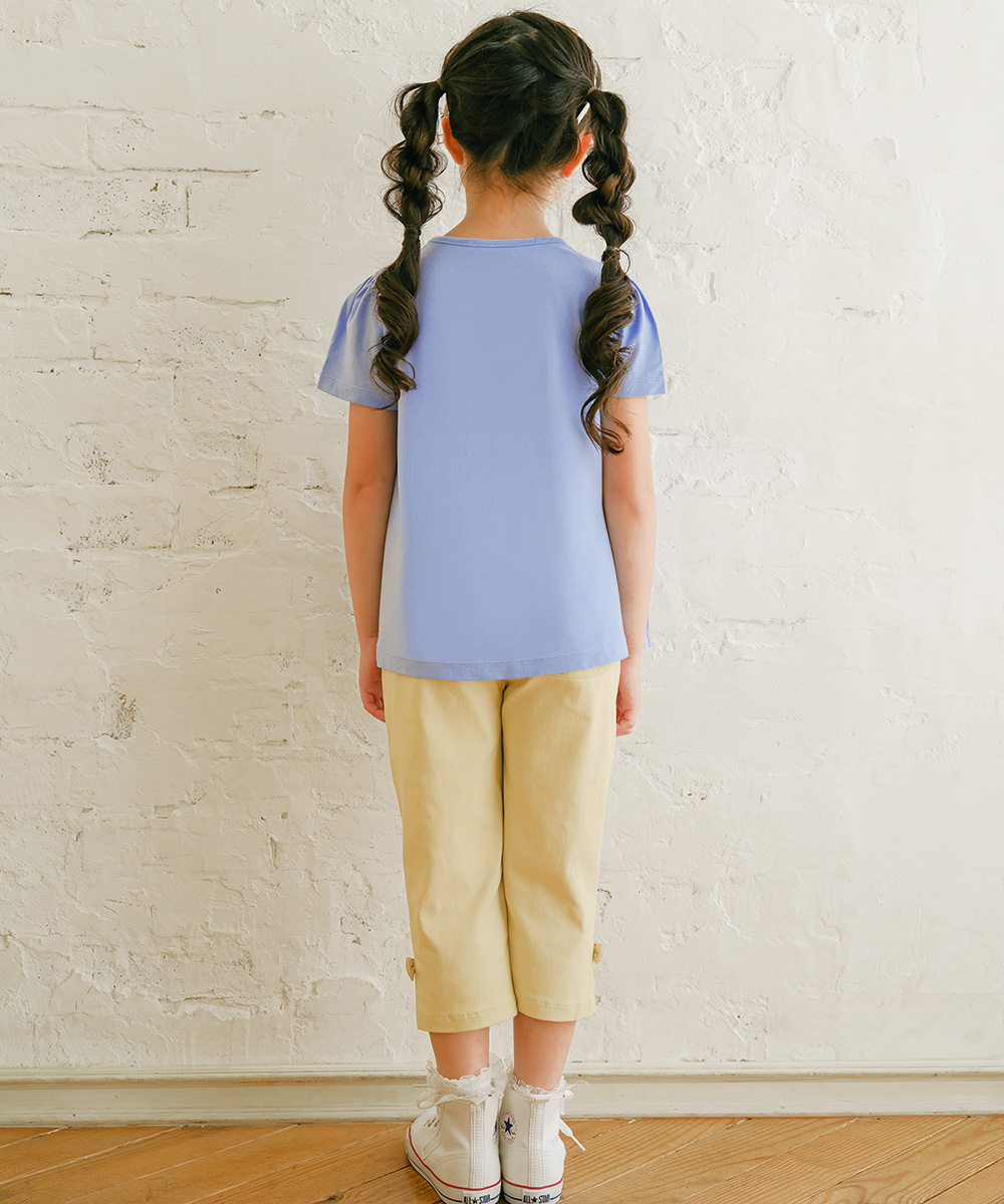 子供服 女の子 リボンつき ストライプ柄 切り替え Aライン Tシャツ ブルー(61) モデル画像