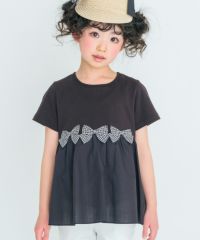 子供服 女の子 ギンガムチェック リボン ギャザー 切り替え Tシャツ