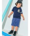 ベビー服 男の子 ストレッチデニム オリジナルロゴワッペン ハーフパンツ ブルー(61) モデル画像全身