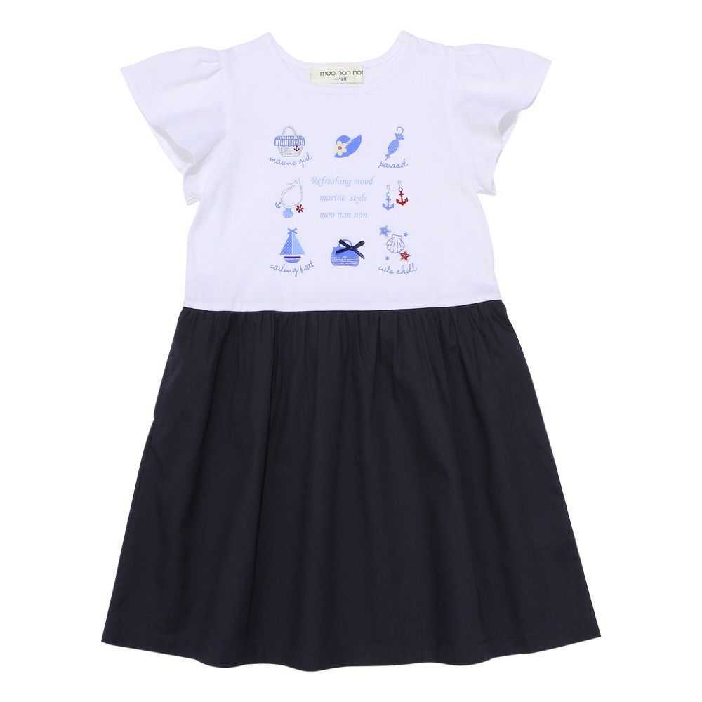 子供服 女の子 貝殻 帽子 ロゴ プリント フレアースリーブ ドッキングワンピース オフホワイト(11) 正面