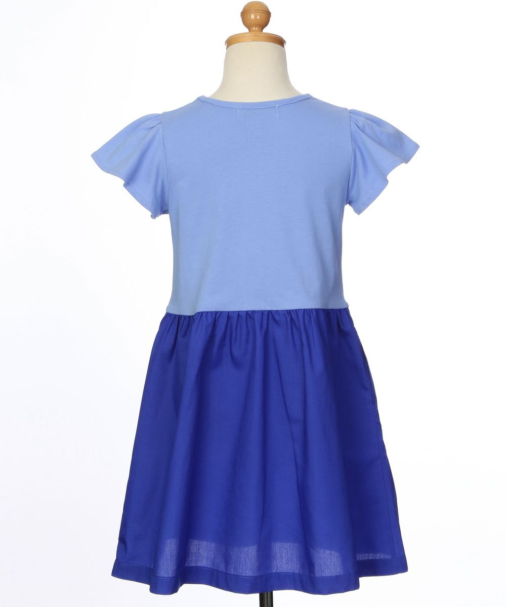 子供服 女の子 貝殻 帽子 ロゴ プリント フレアースリーブ ドッキングワンピース ブルー(61) トルソー背面