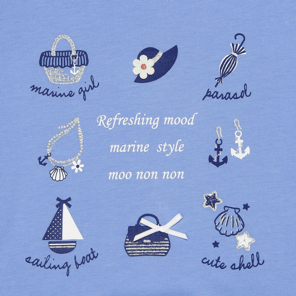 子供服 女の子 貝殻 帽子 ロゴ プリント フレアースリーブ ドッキングワンピース ブルー(61) デザインポイント1