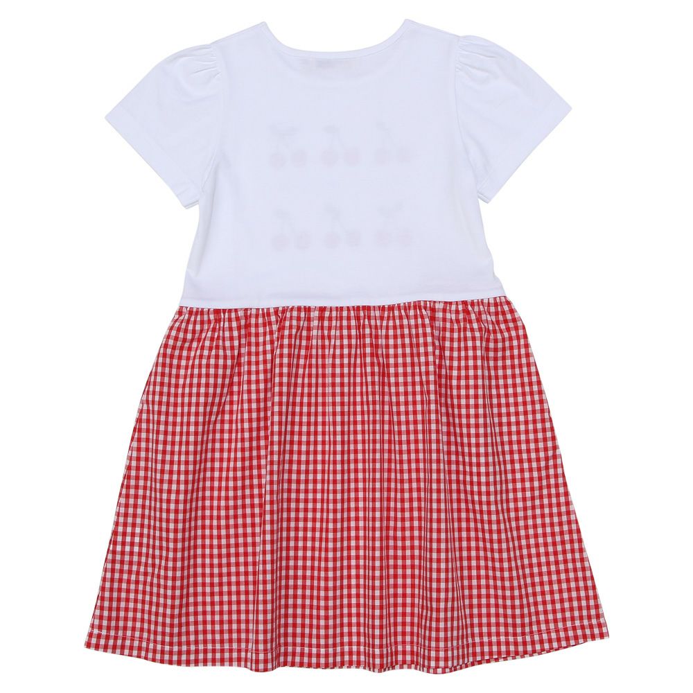 子供服 女の子 リボン ＆ さくらんぼ ロゴ プリント ギンガムチェック ドッキングワンピース レッド(03) 背面