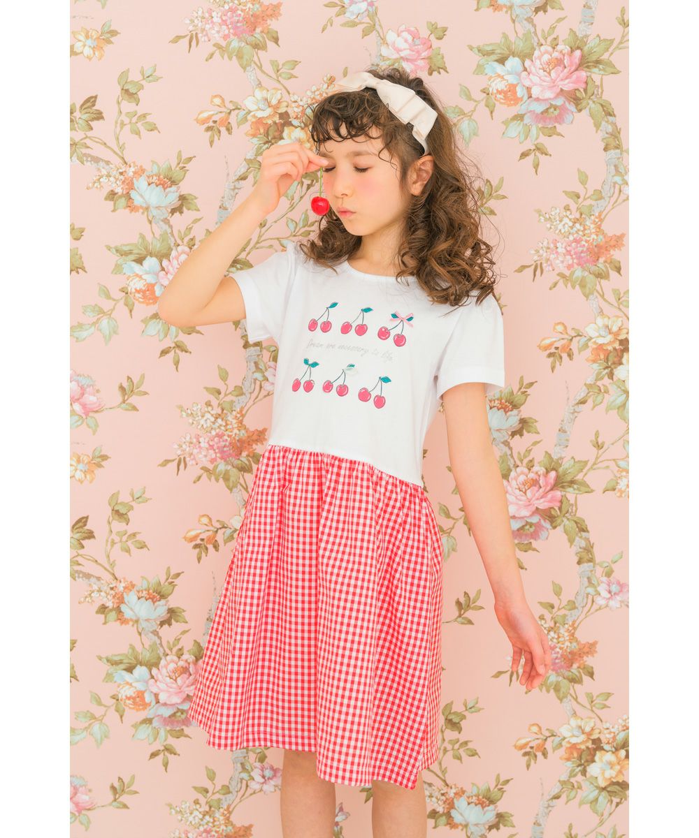 子供服 女の子 リボン ＆ さくらんぼ ロゴ プリント ギンガムチェック ドッキングワンピース レッド(03) モデル画像1