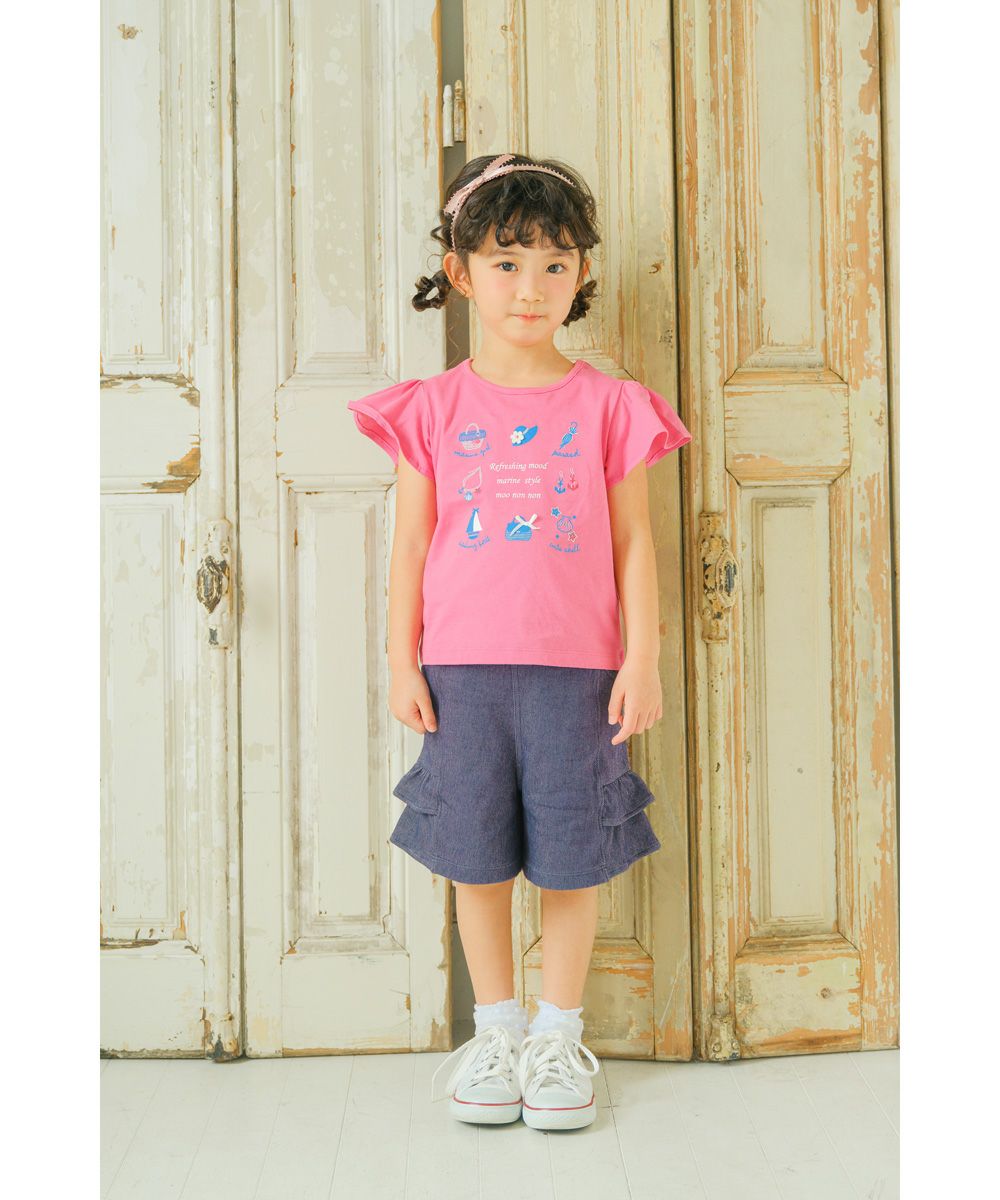 子供服 女の子 ストレッチ デニムニット フリルつき キュロットパンツ ネイビー(06) モデル画像全身