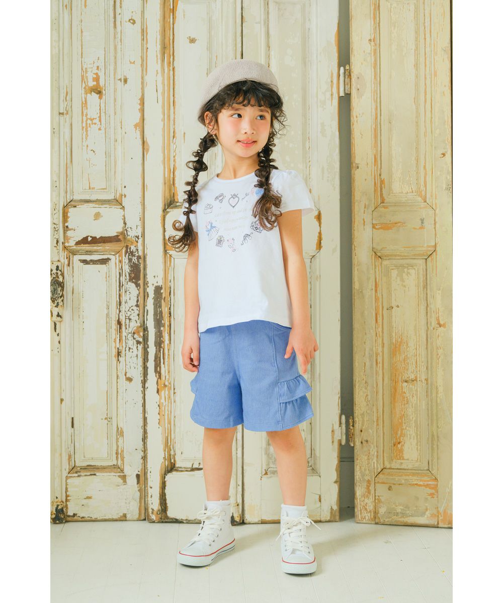 子供服 女の子 ストレッチ デニムニット フリルつき キュロットパンツ ブルー(61) モデル画像1