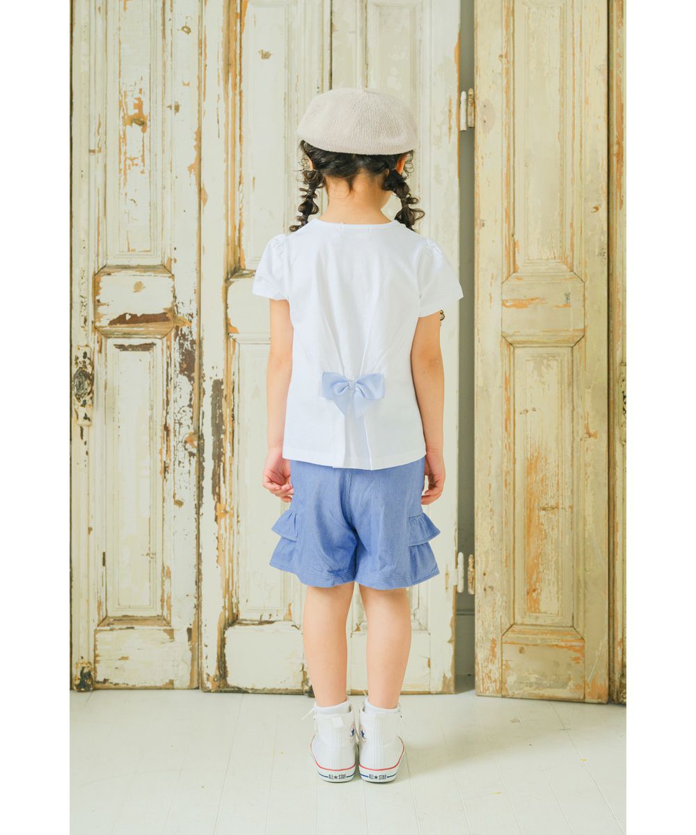子供服 女の子 ストレッチ デニムニット フリルつき キュロットパンツ ブルー(61) モデル画像4
