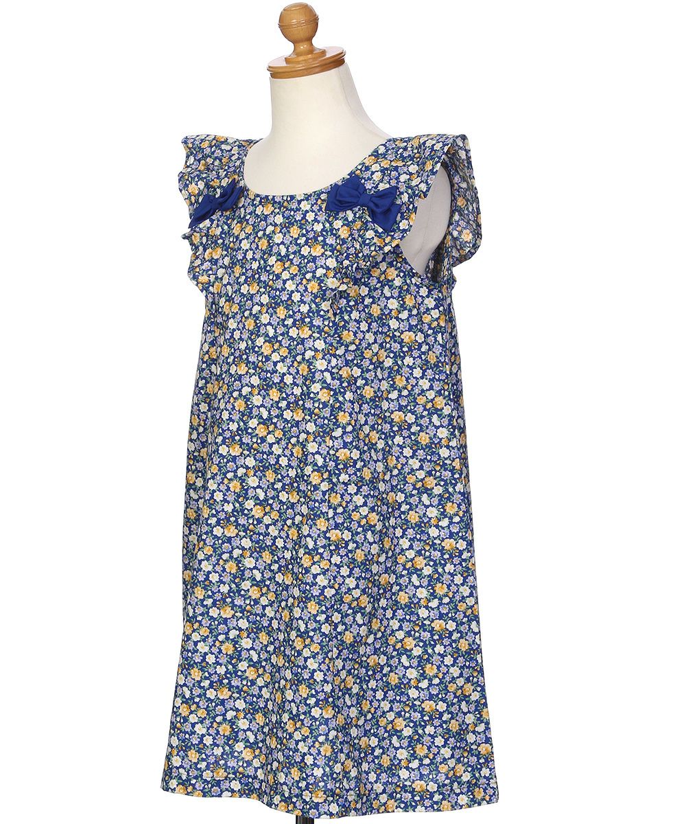 子供服 女の子 綿100％ 花柄 リボン フリル ワンピース ネイビー(06) トルソー斜め