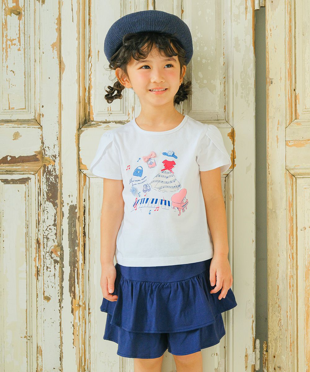 ベビー服 女の子 綿100％ ピアノ 音符 プリント リボンつき Tシャツ オフホワイト(11) モデル画像アップ