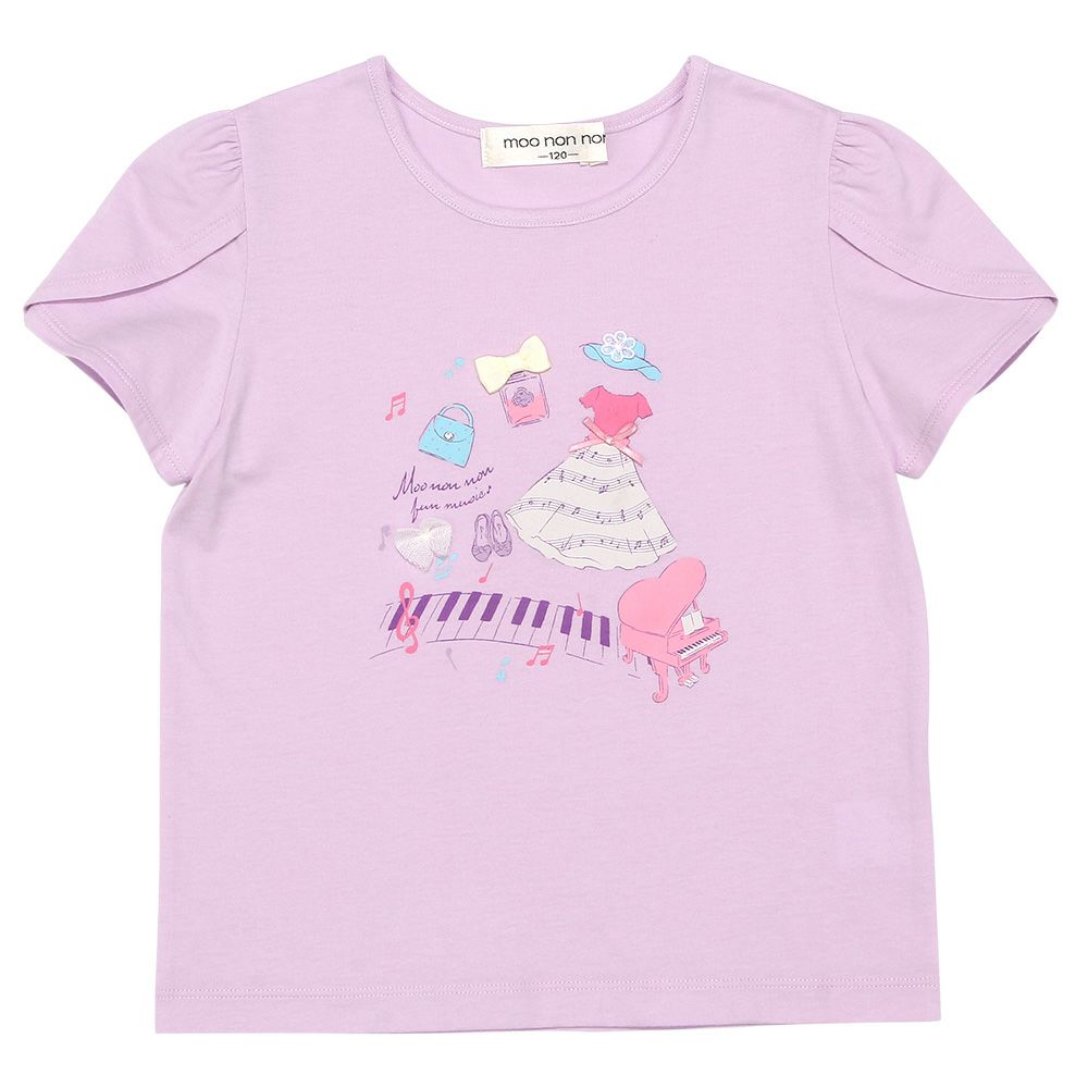 ベビー服 女の子 綿100％ ピアノ 音符 プリント リボンつき Tシャツ パープル(91) 正面