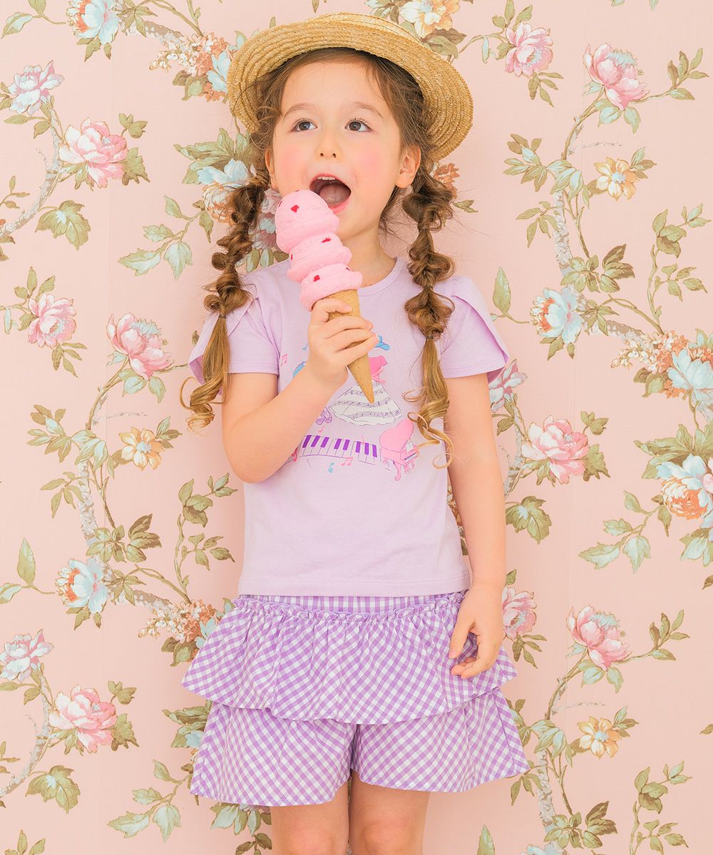 ベビー服 女の子 綿100％ ピアノ 音符 プリント リボンつき Tシャツ パープル(91) モデル画像アップ