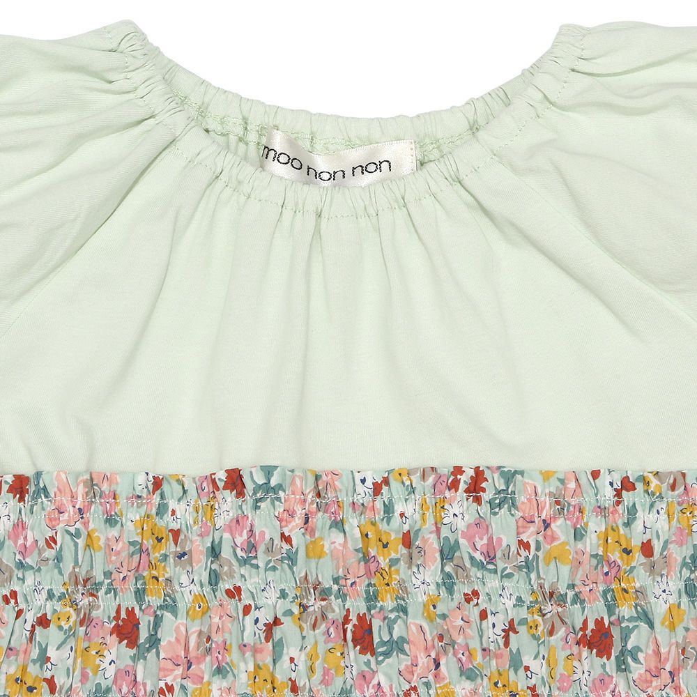 子供服 女の子 綿100％ 花柄 ギャザー ドッキングワンピース グリーン(08) デザインポイント1