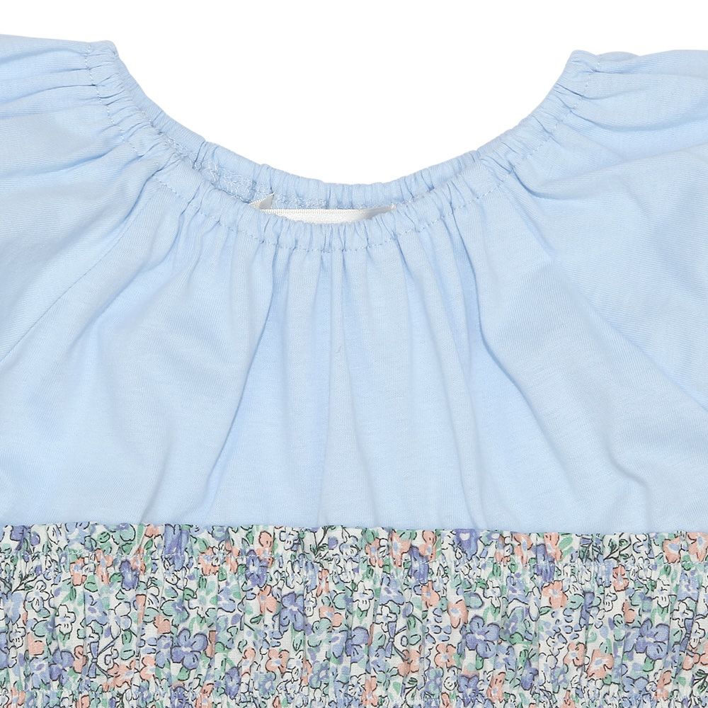 子供服 女の子 綿100％ 花柄 ギャザー ドッキングワンピース ブルー(61) デザインポイント1