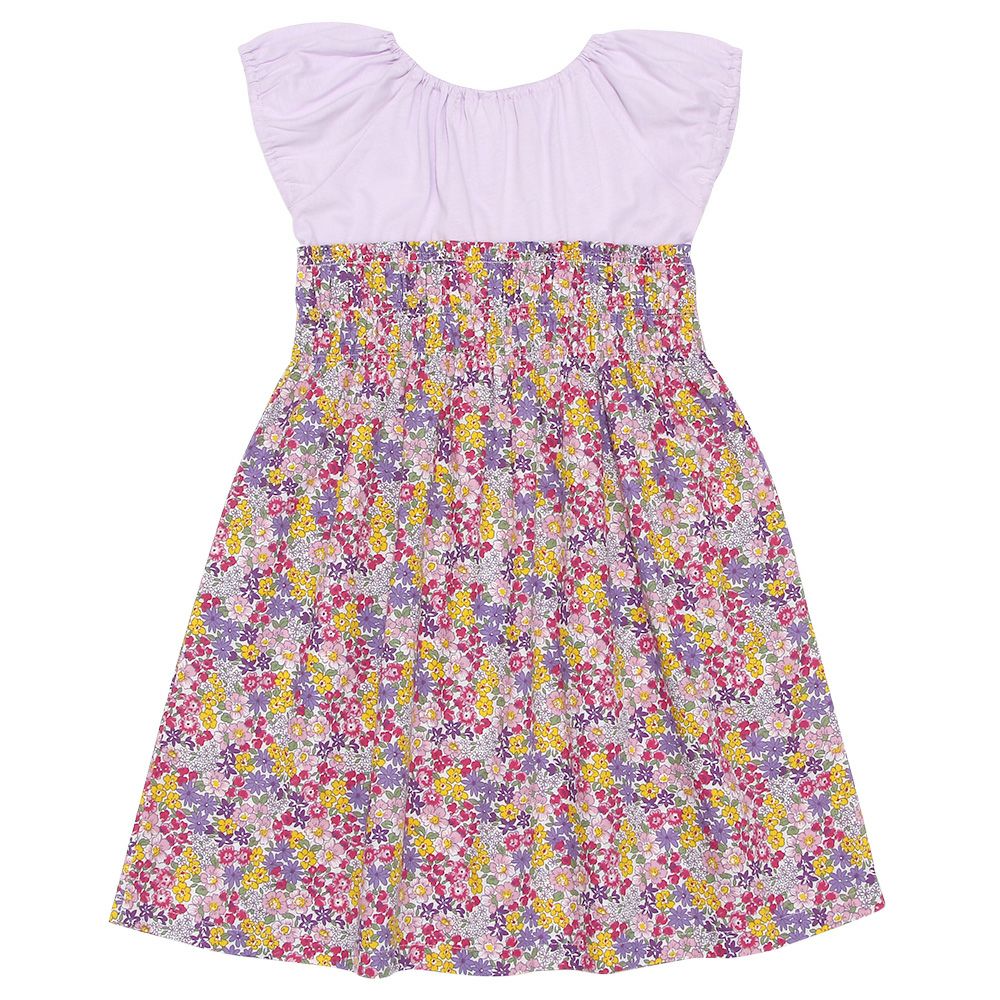 子供服 女の子 綿100％ 花柄 ギャザー ドッキングワンピース パープル(91) 背面