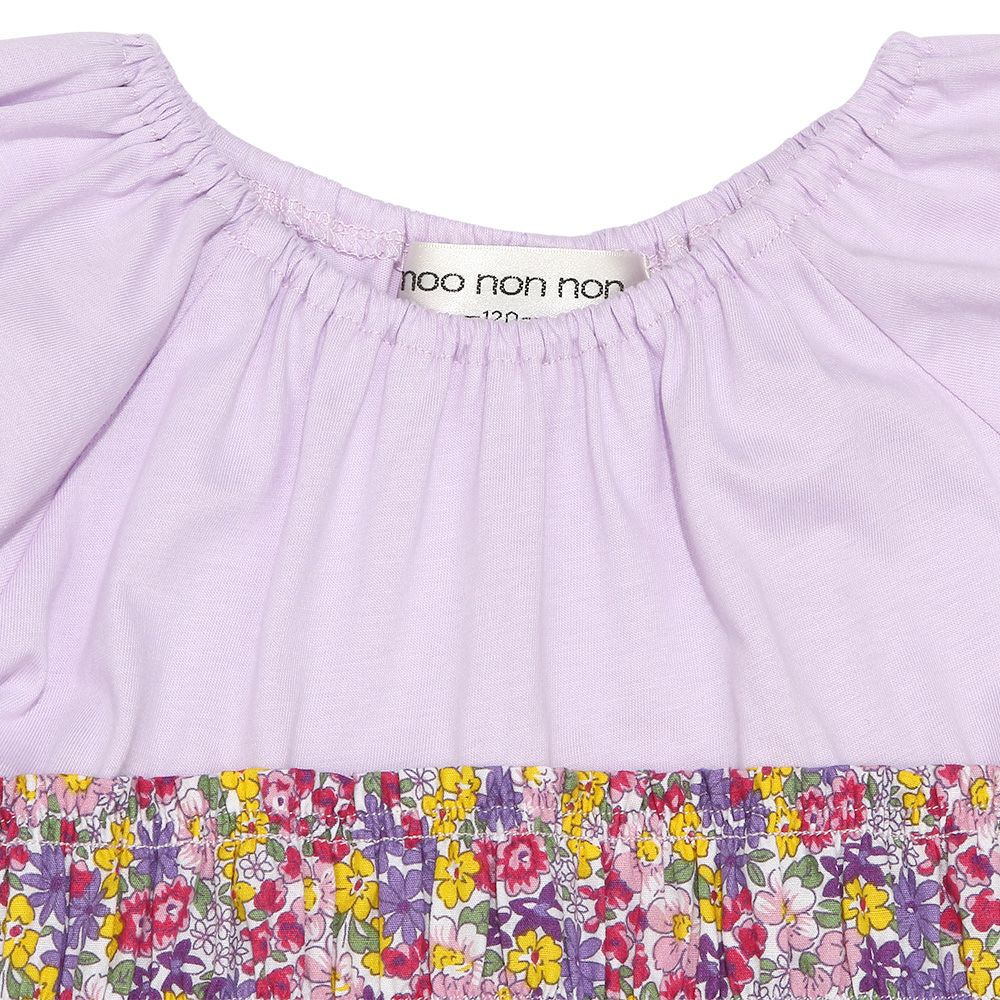 子供服 女の子 綿100％ 花柄 ギャザー ドッキングワンピース パープル(91) デザインポイント1