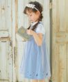 子供服 女の子 綿100％ストライプ柄 音符刺繍 ギャザー ワンピース ブルー(61) モデル画像全身