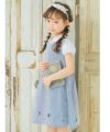 子供服 女の子 綿100％ストライプ柄 音符刺繍 ギャザー ワンピース ブルー(61) モデル画像1