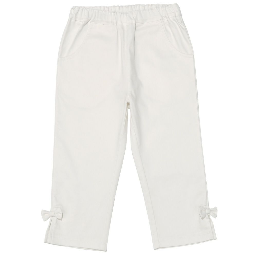 子供服 女の子 ストレッチツイル リボン 7分丈 クロップドパンツ オフホワイト(11) 正面 カプリパンツ