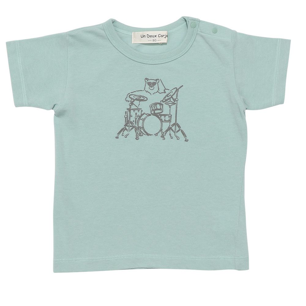 ベビー服 男の子 ベビー 綿100％ くま ドラム バンド プリントTシャツ グリーン(08) 正面