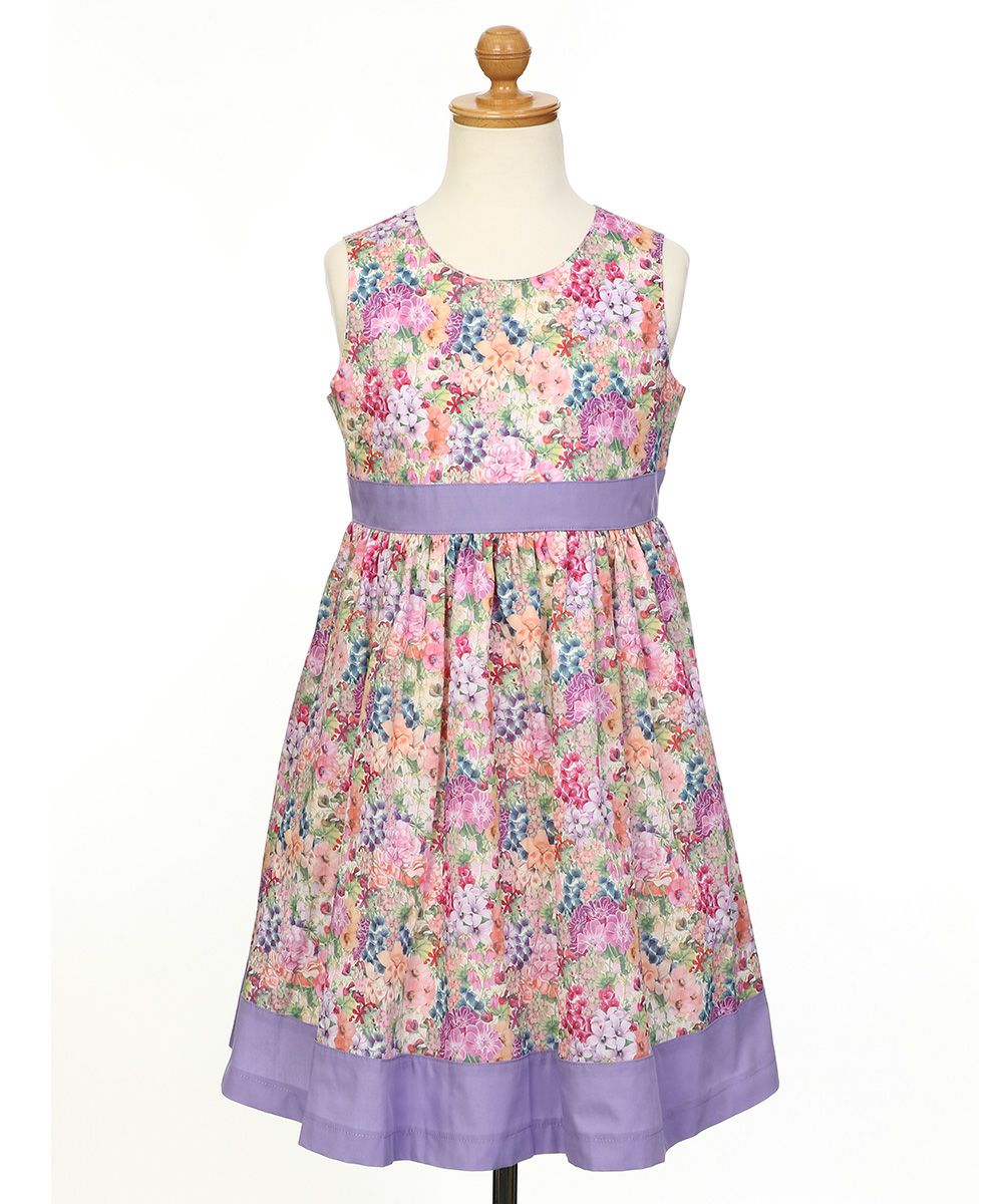 ベビー服 女の子 リバティプリント使用 花柄 ギャザーワンピース パープル(91) トルソー正面