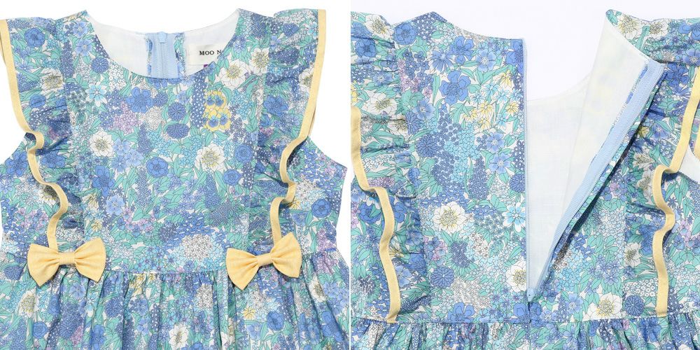 ベビー服 女の子 綿100％ フリル リボン 花柄 ワンピース ブルー(61) デザインポイント1