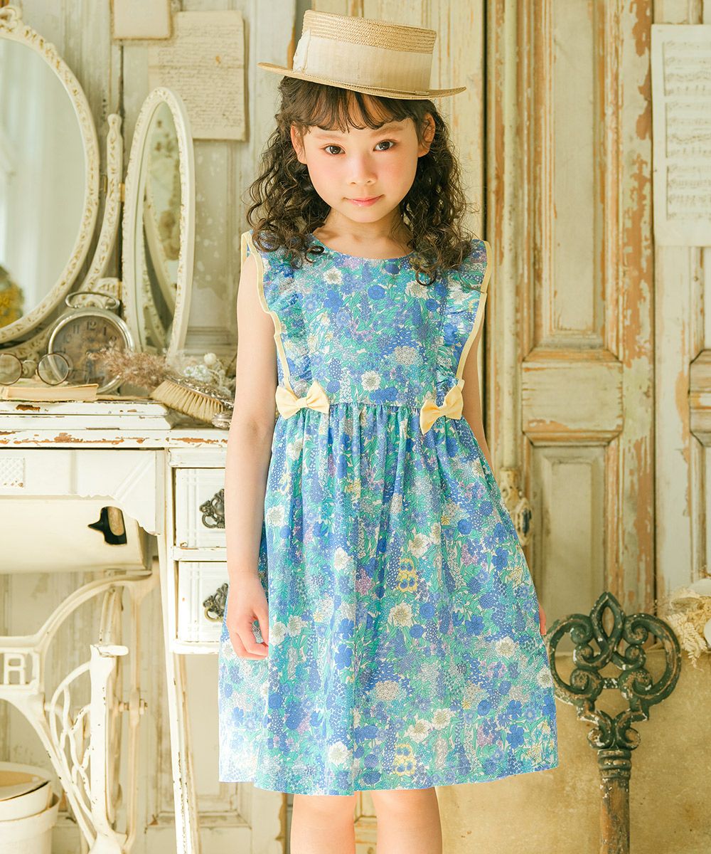 ベビー服 女の子 綿100％ フリル リボン 花柄 ワンピース ブルー(61) モデル画像アップ