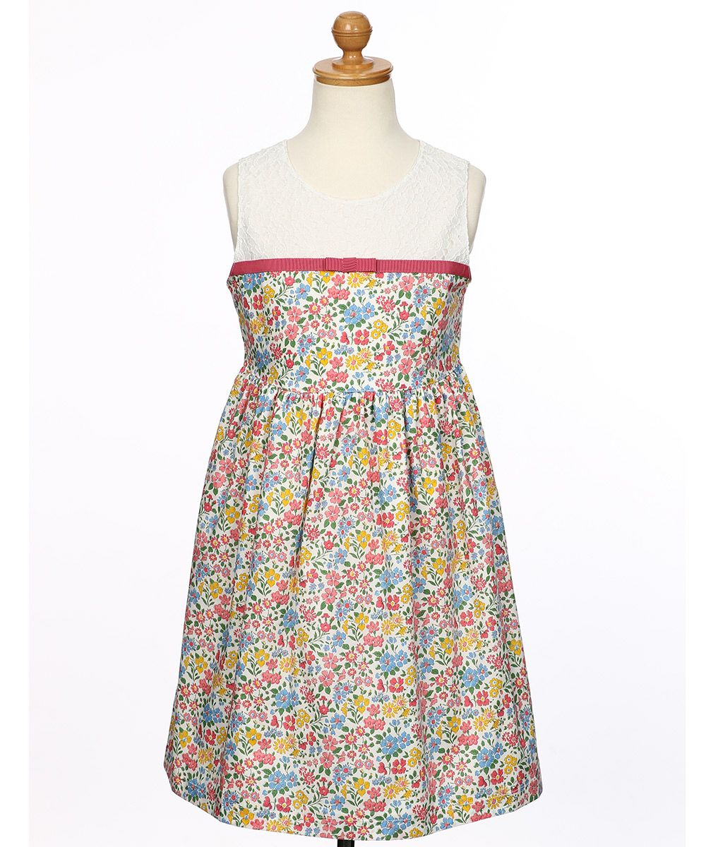 子供服 女の子 リバティプリント使用 リボン 花柄 レースワンピース オフホワイト(11) トルソー正面