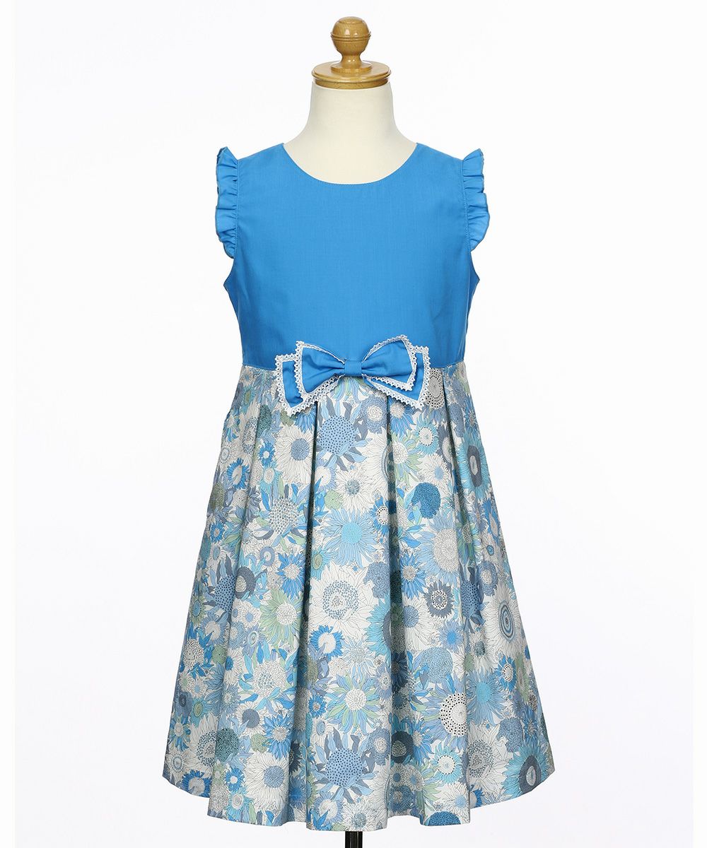子供服 女の子 リバティプリント使用 花柄 取り外しリボンつきワンピース ブルー(61) トルソー正面