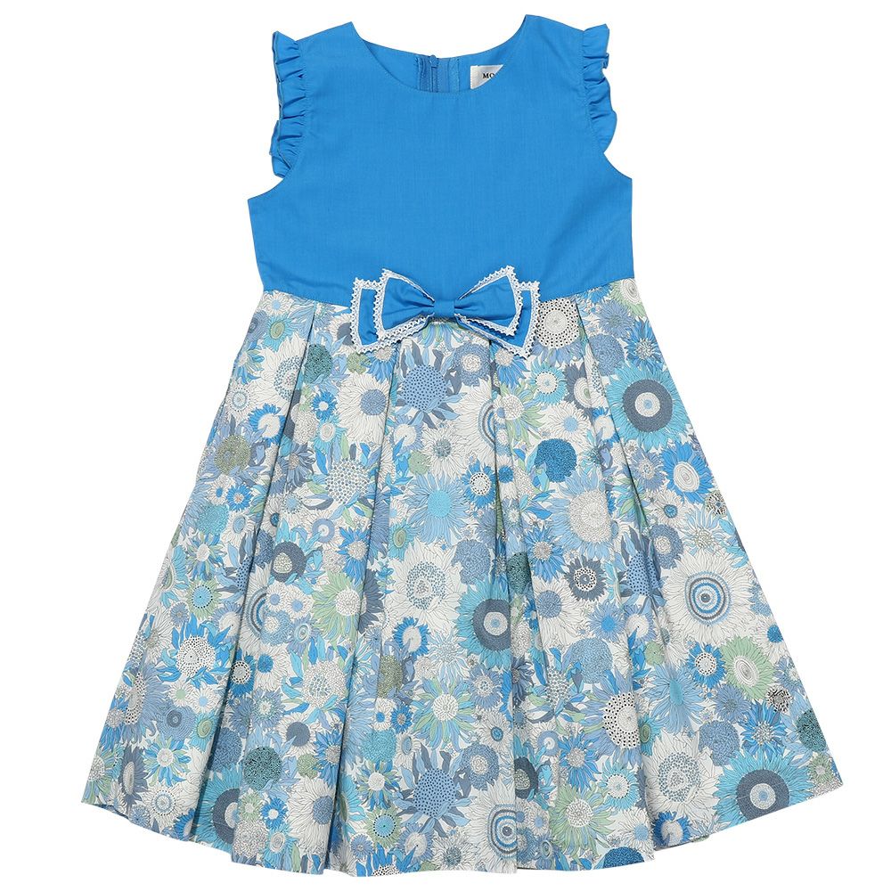 子供服 女の子 リバティプリント使用 花柄 取り外しリボンつきワンピース ブルー(61) 正面
