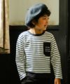 ベビー服 男の子 綿100％ ボーダー柄ロゴ刺繍ポケット Tシャツ ホワイト×ブラック(10) モデル画像全身