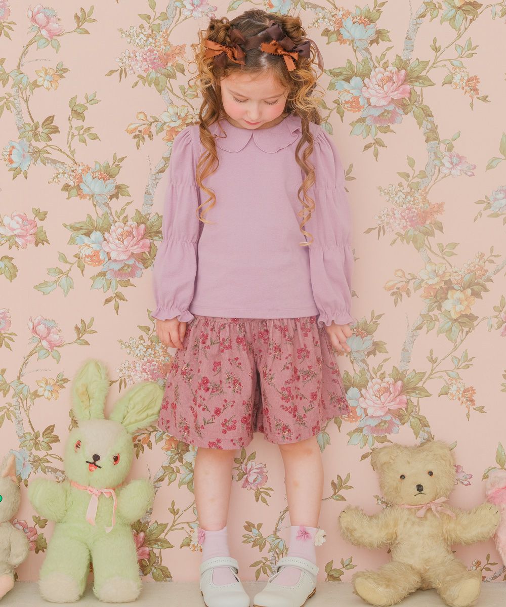 子供服 女の子 襟つき ギャザー パフ＆フリル袖 Tシャツ ピンク(02) モデル画像2