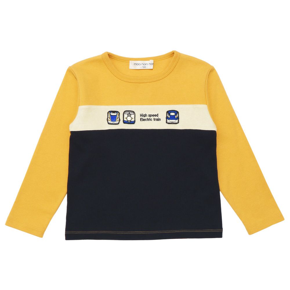 ベビー服 男の子 電車 乗り物 ワッペン 三色切り替え Tシャツ イエロー(04) 正面