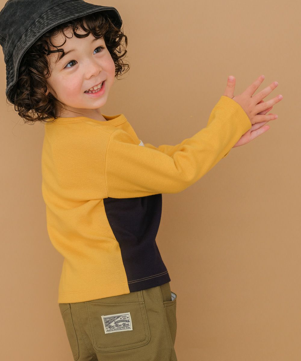 ベビー服 男の子 電車 乗り物 ワッペン 三色切り替え Tシャツ イエロー(04) モデル画像3