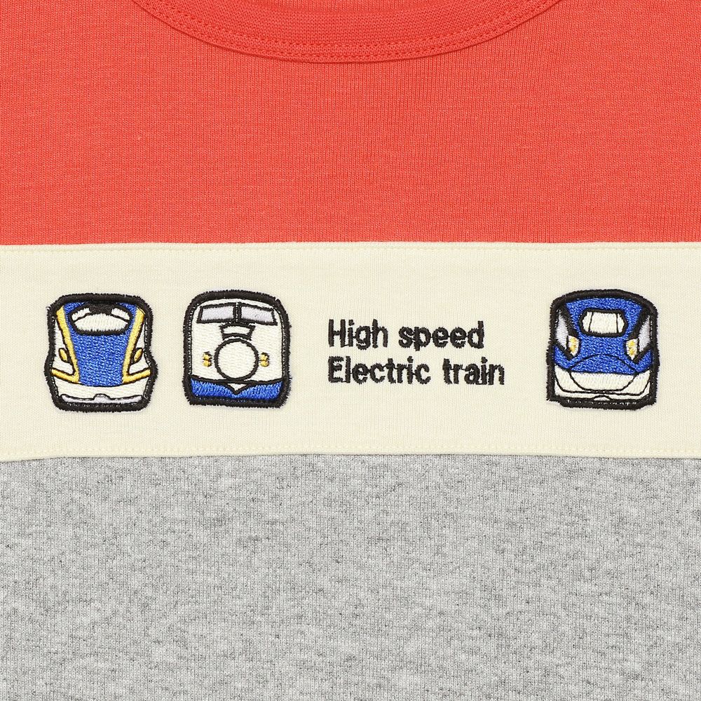 ベビー服 男の子 電車 乗り物 ワッペン 三色切り替え Tシャツ オレンジ(07) デザインポイント1