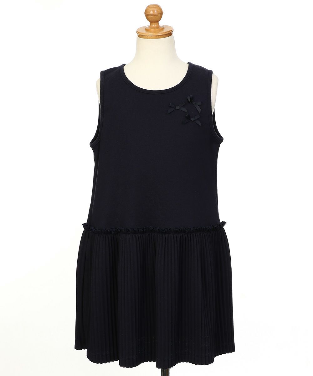 子供服 女の子 リボンつきプリーツワンピース ネイビー(06) トルソー正面