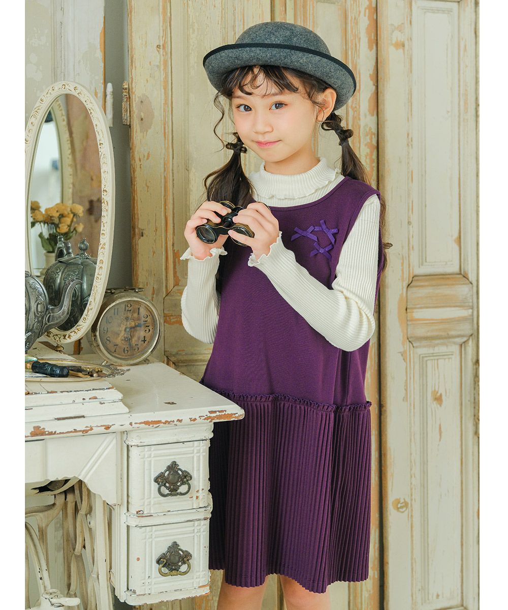 子供服 女の子 リボンつきプリーツワンピース パープル(91) モデル画像4