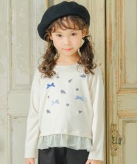 子供服 女の子 バラ お花 ＆ リボン 刺繍 裾フリル Tシャツ